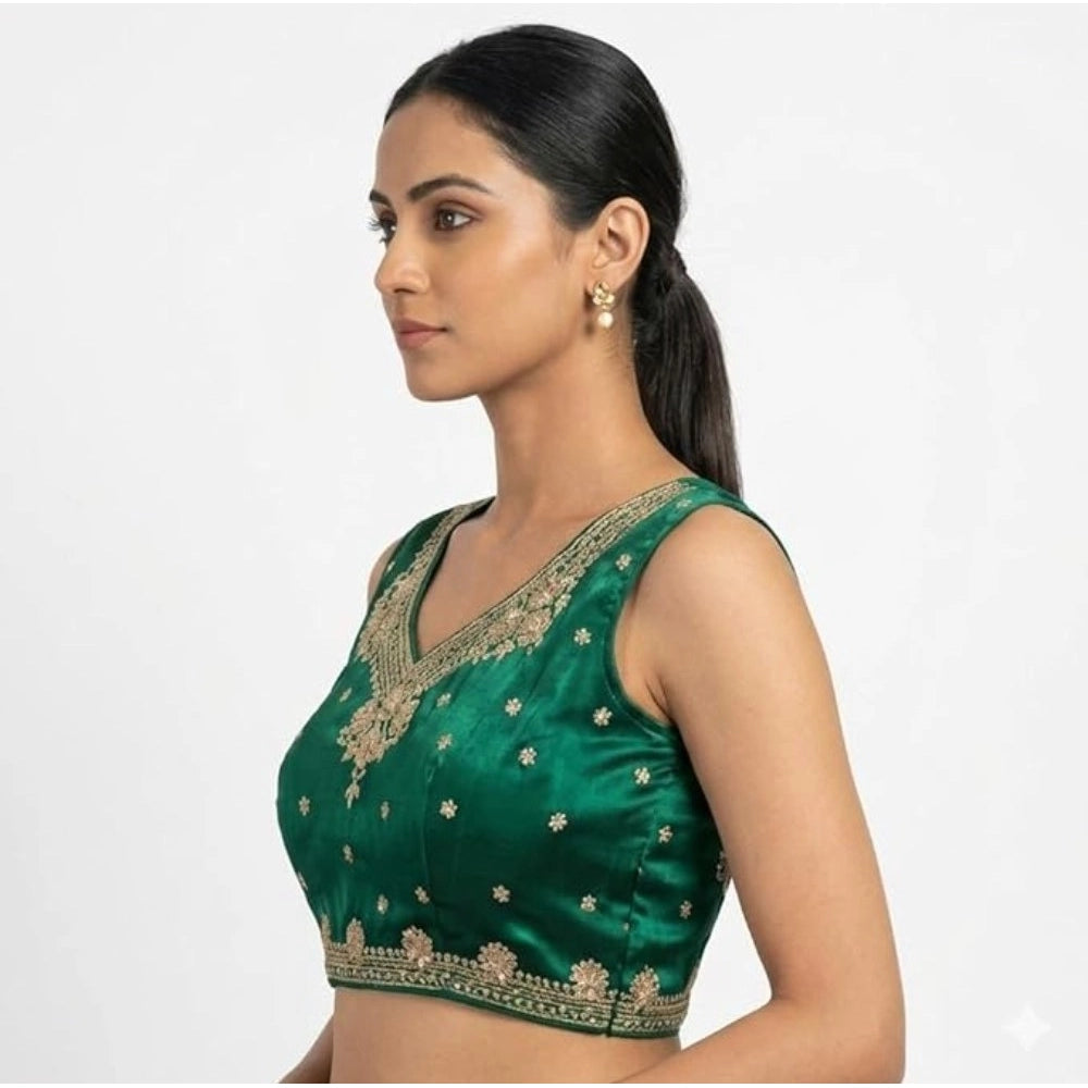Women's Silk Embroidered V-Neck Sleeveless Readymade Padded Blouse — Green