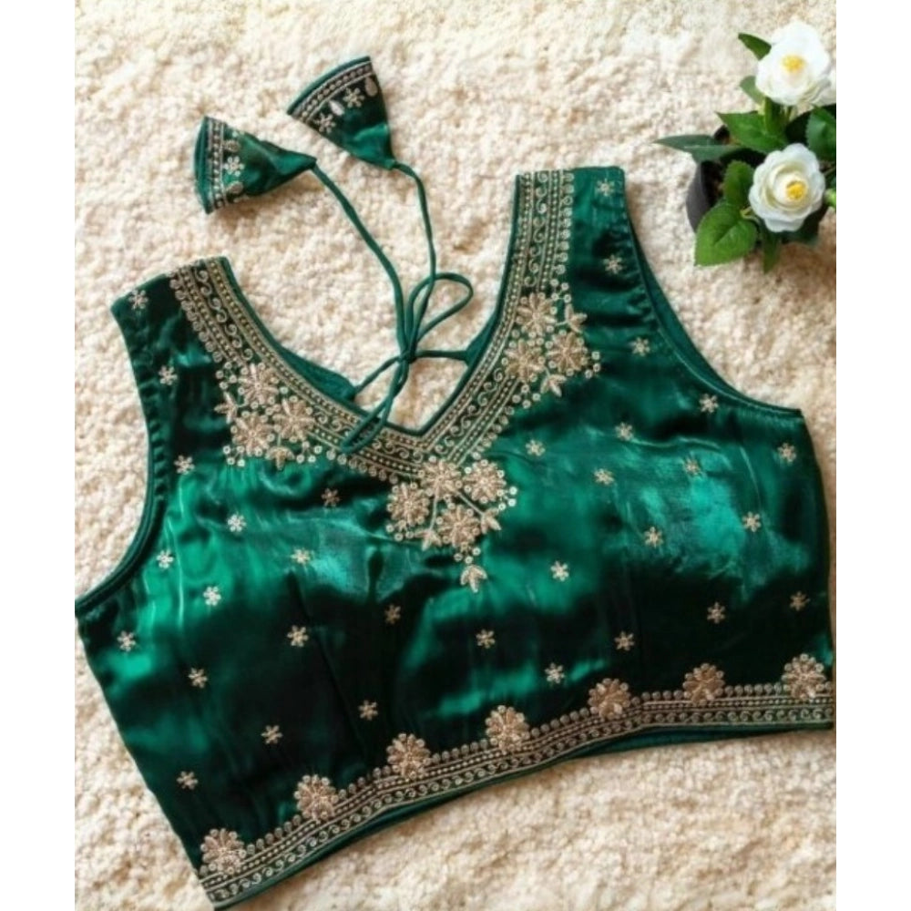 Women's Silk Embroidered V-Neck Sleeveless Readymade Padded Blouse — Green