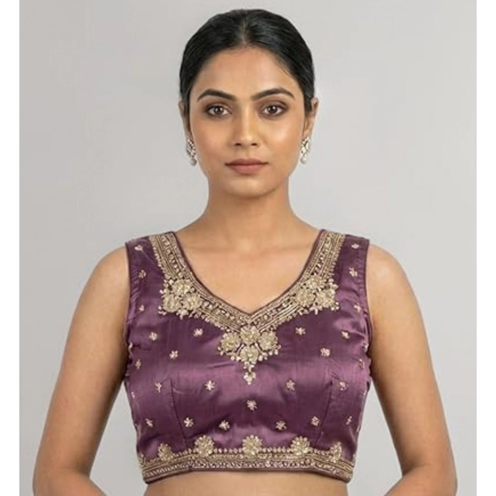 Women's Silk Embroidered V-Neck Sleeveless Readymade Padded Blouse — Purple