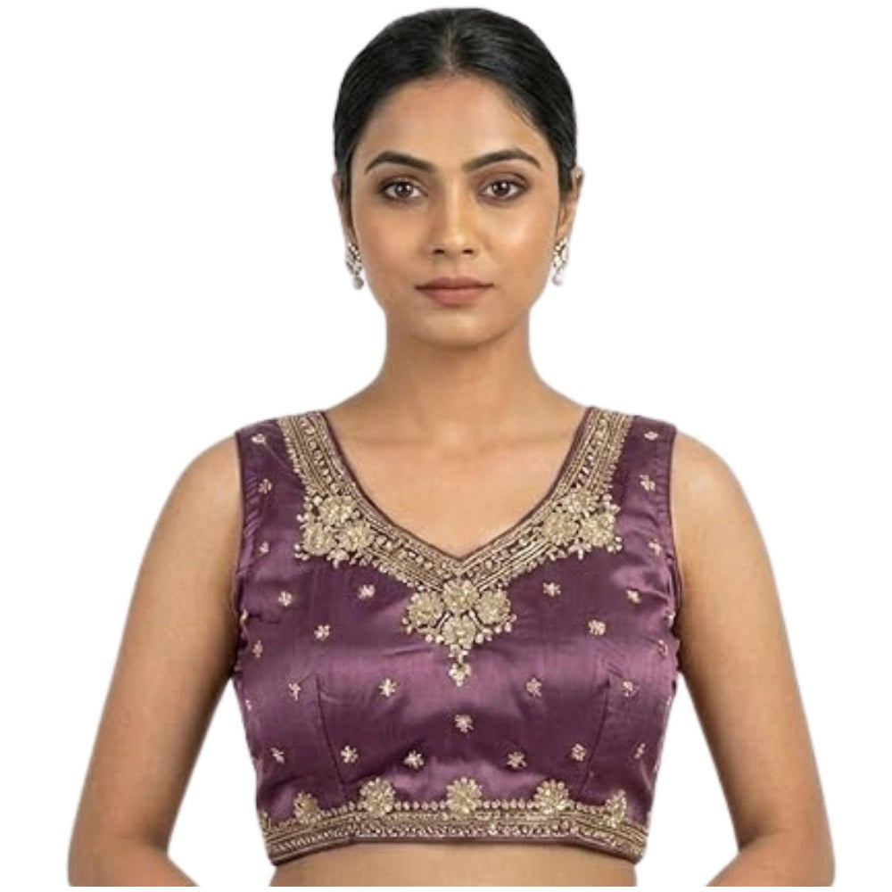 Women's Silk Embroidered V-Neck Sleeveless Readymade Padded Blouse — Purple