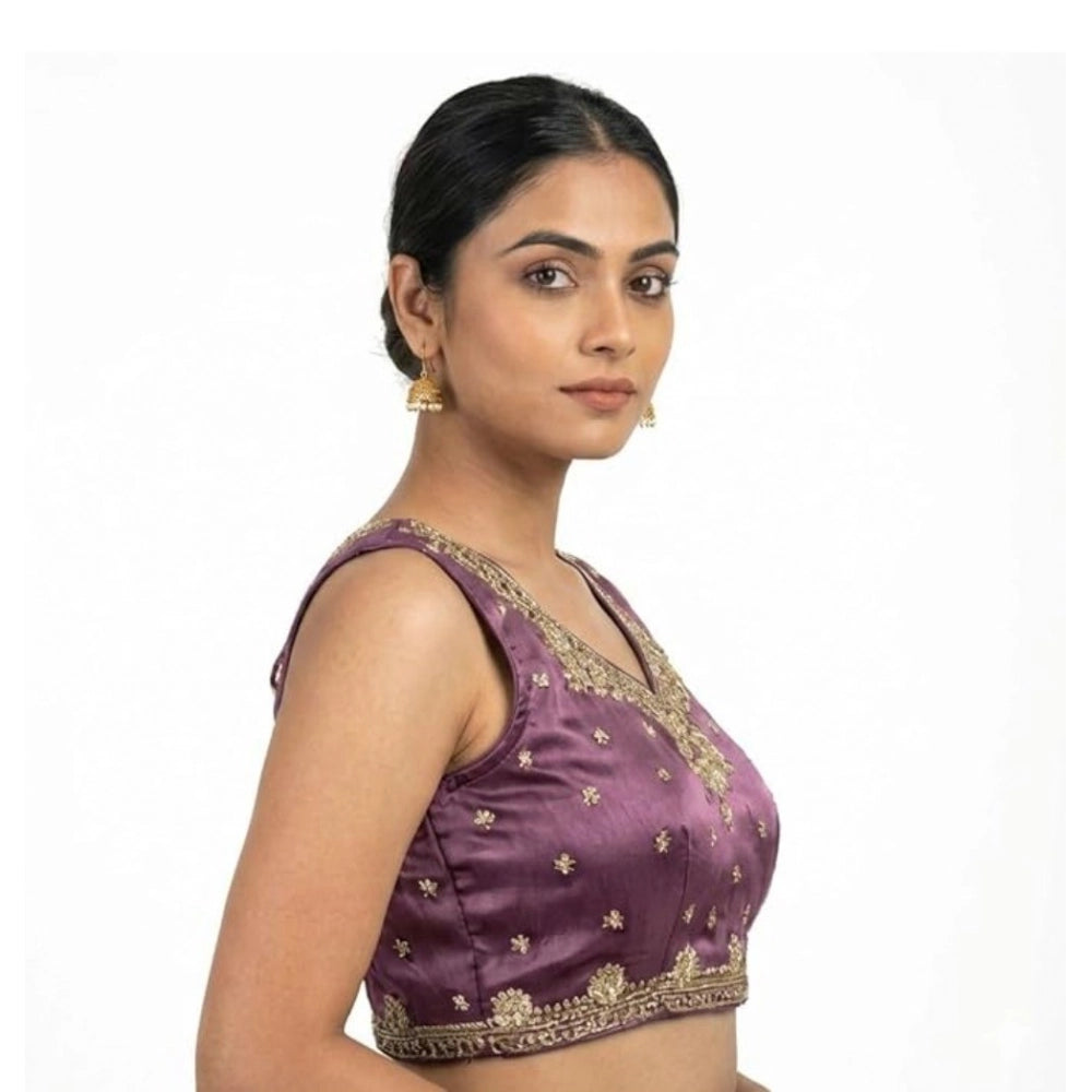 Women's Silk Embroidered V-Neck Sleeveless Readymade Padded Blouse — Purple