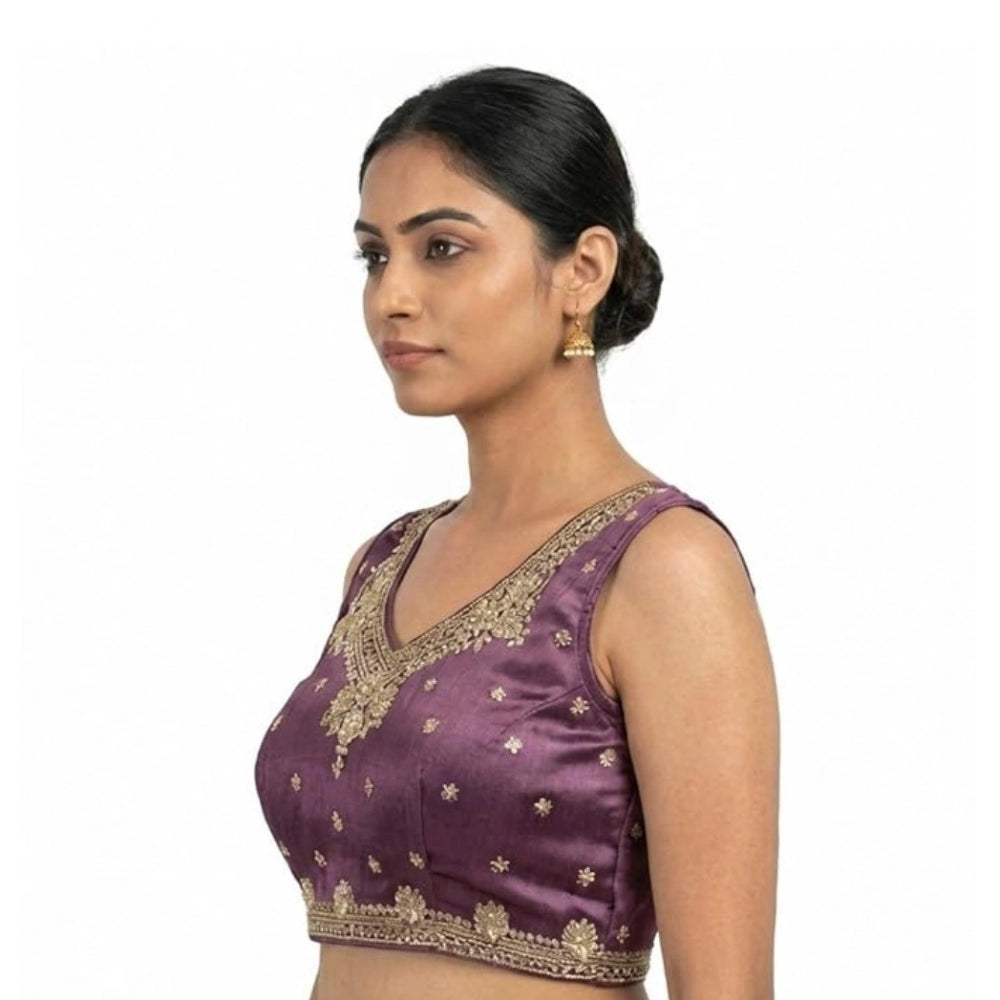 Women's Silk Embroidered V-Neck Sleeveless Readymade Padded Blouse — Purple