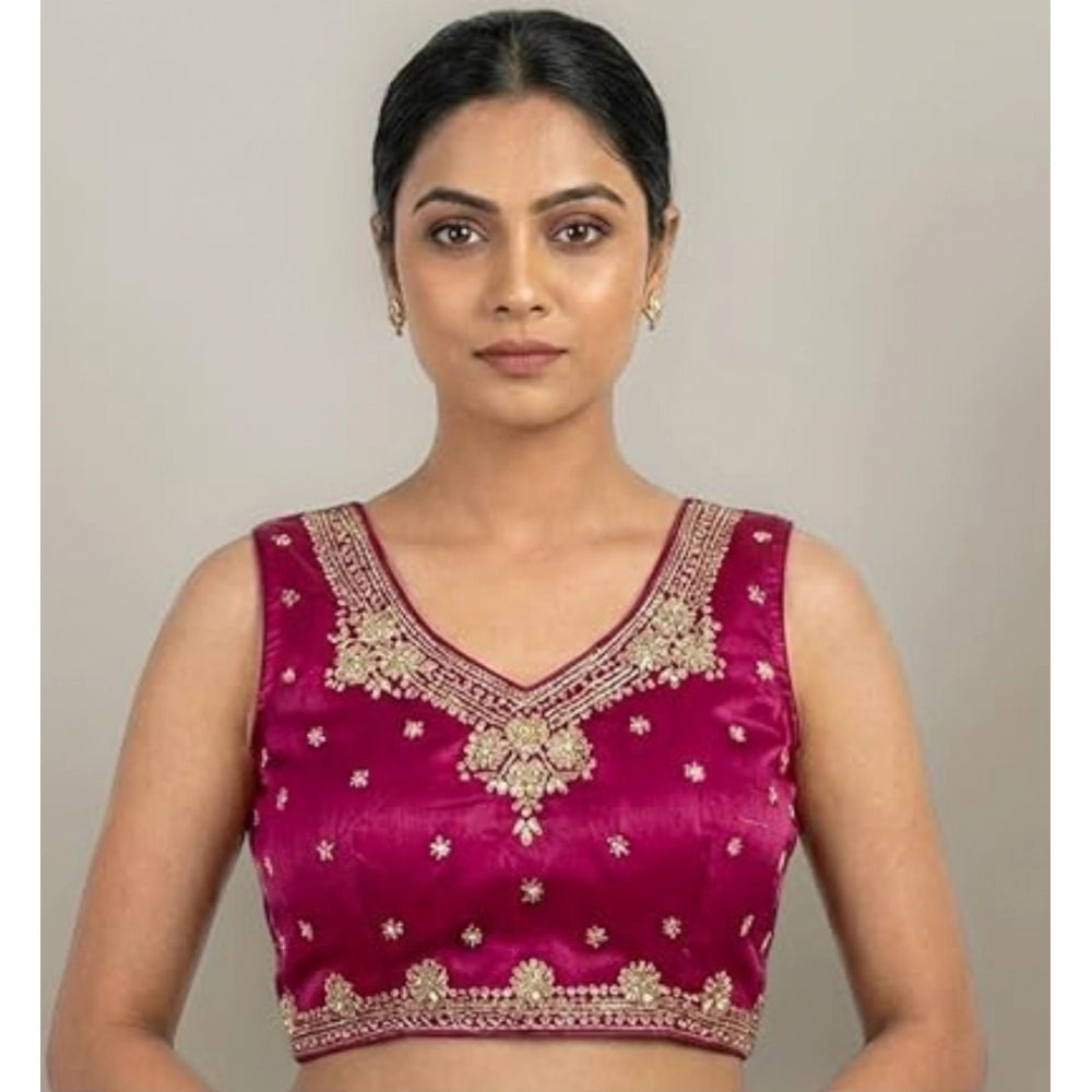 Women's Silk Embroidered V-Neck Sleeveless Readymade Padded Blouse — Pink