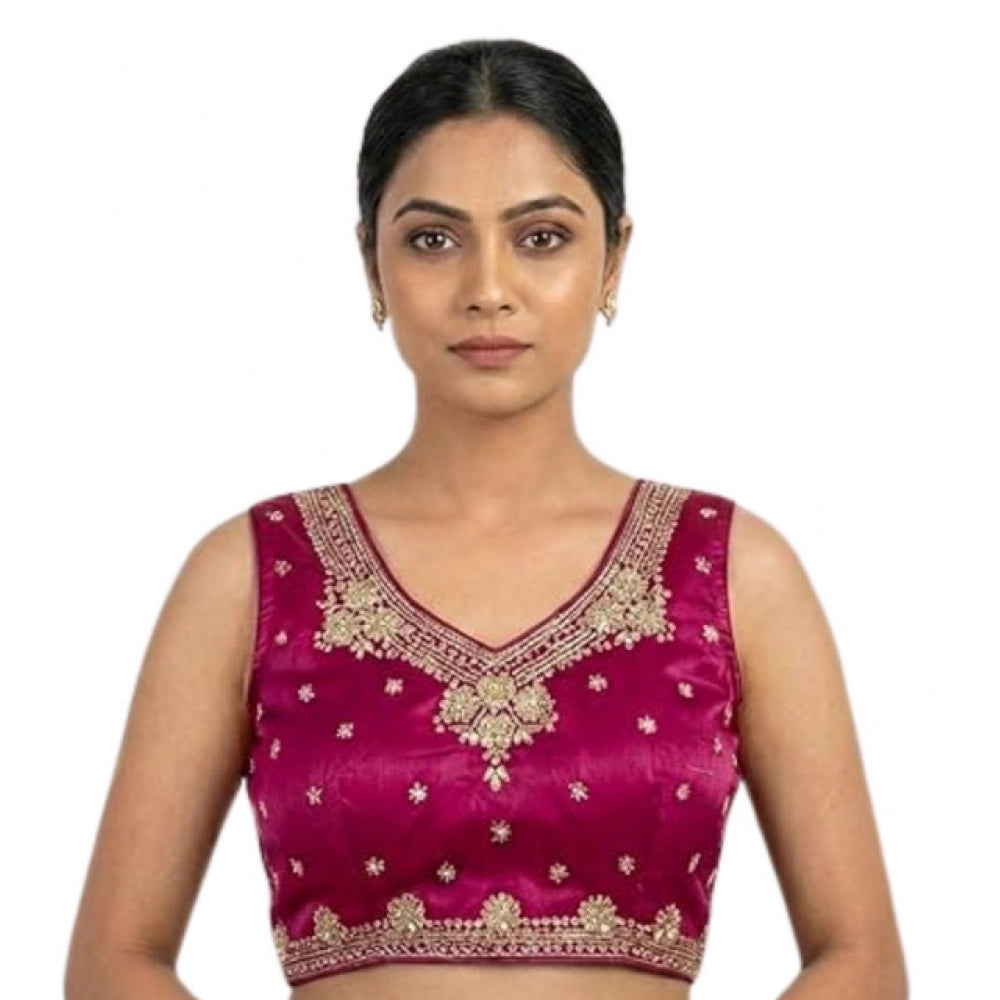 Women's Silk Embroidered V-Neck Sleeveless Readymade Padded Blouse — Pink