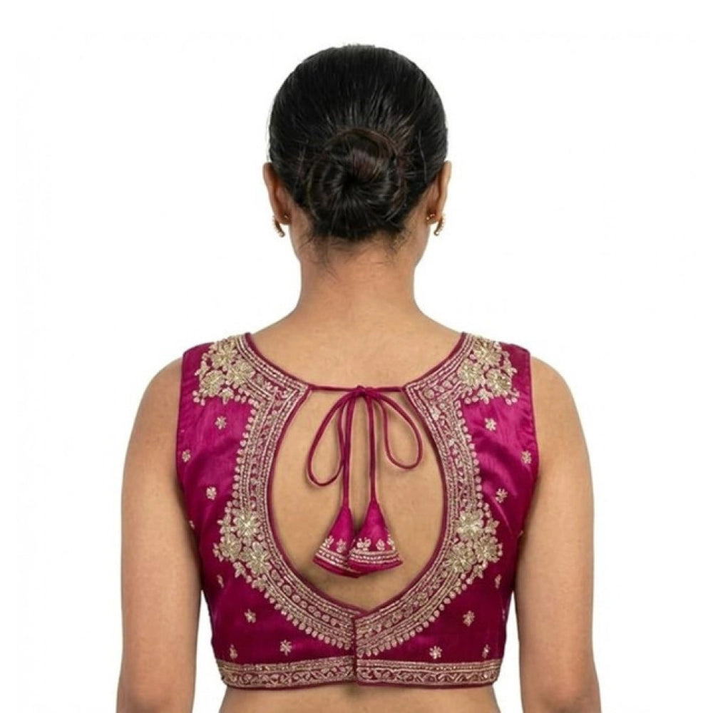 Women's Silk Embroidered V-Neck Sleeveless Readymade Padded Blouse — Pink