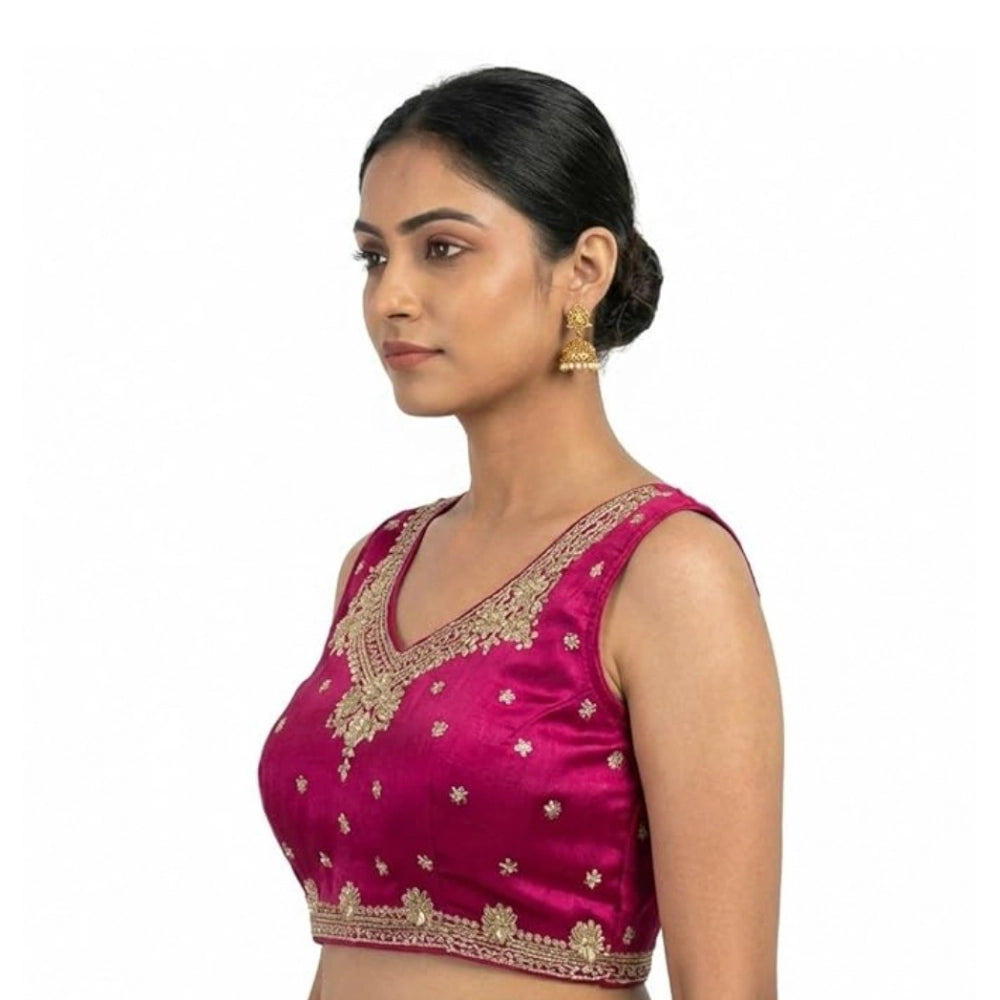 Women's Silk Embroidered V-Neck Sleeveless Readymade Padded Blouse — Pink