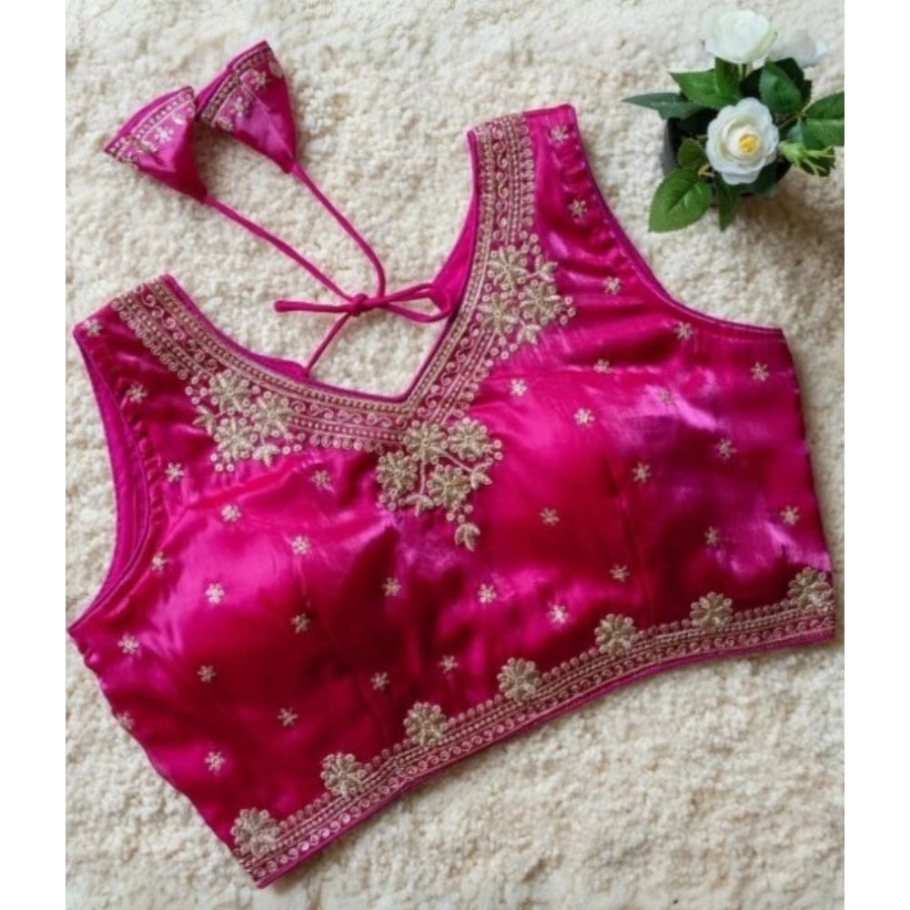 Women's Silk Embroidered V-Neck Sleeveless Readymade Padded Blouse — Pink