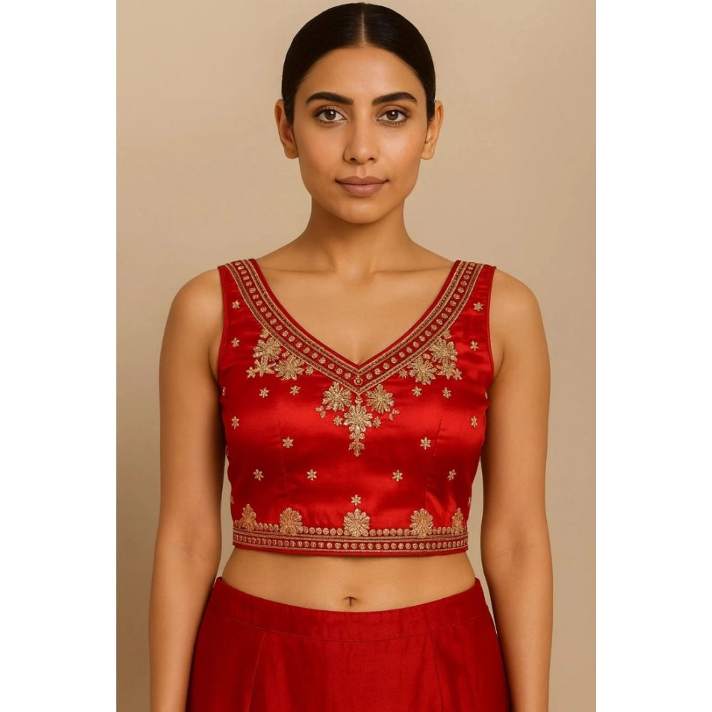 Women's Silk Embroidered V-Neck Sleeveless Readymade Padded Blouse — Red