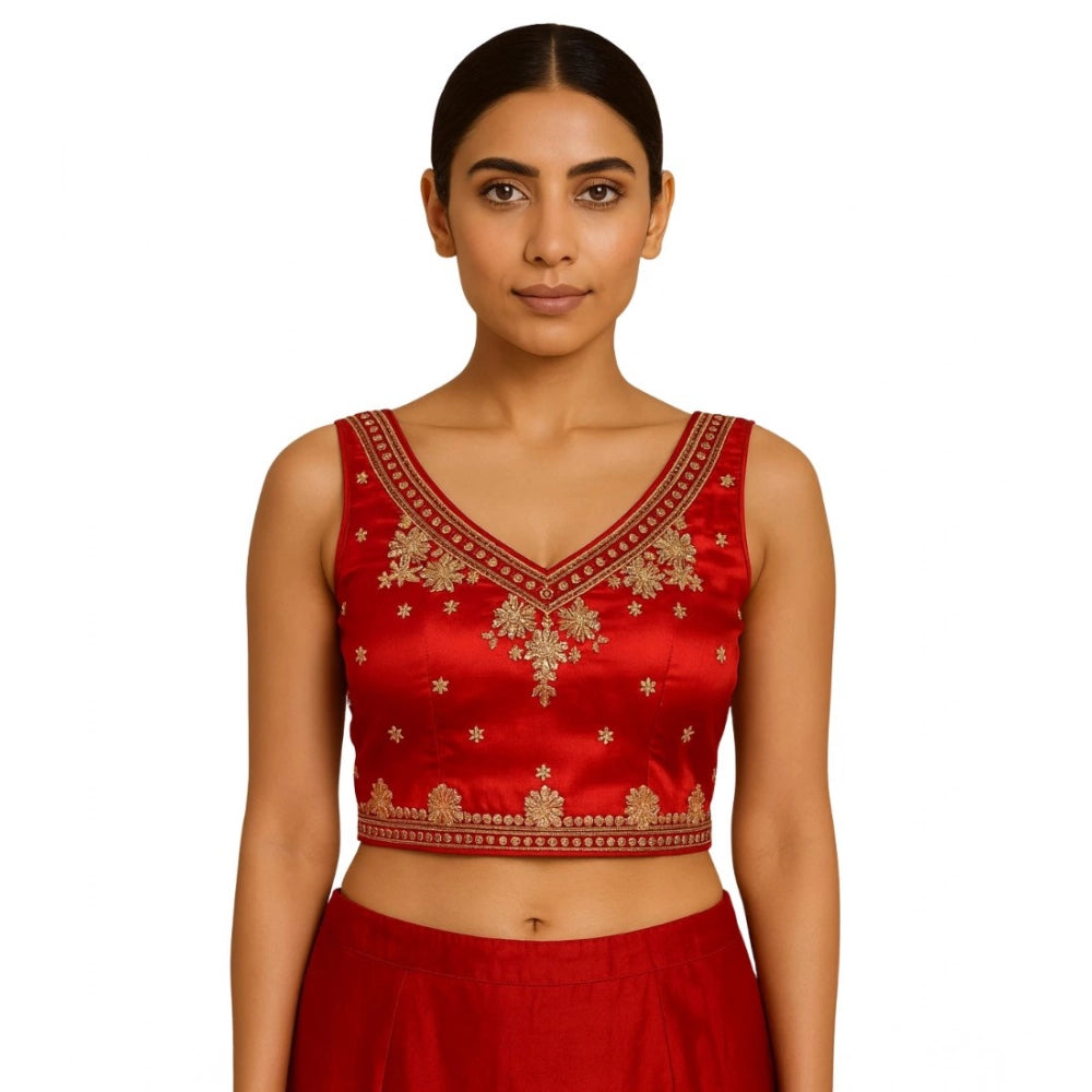 Women's Silk Embroidered V-Neck Sleeveless Readymade Padded Blouse — Red