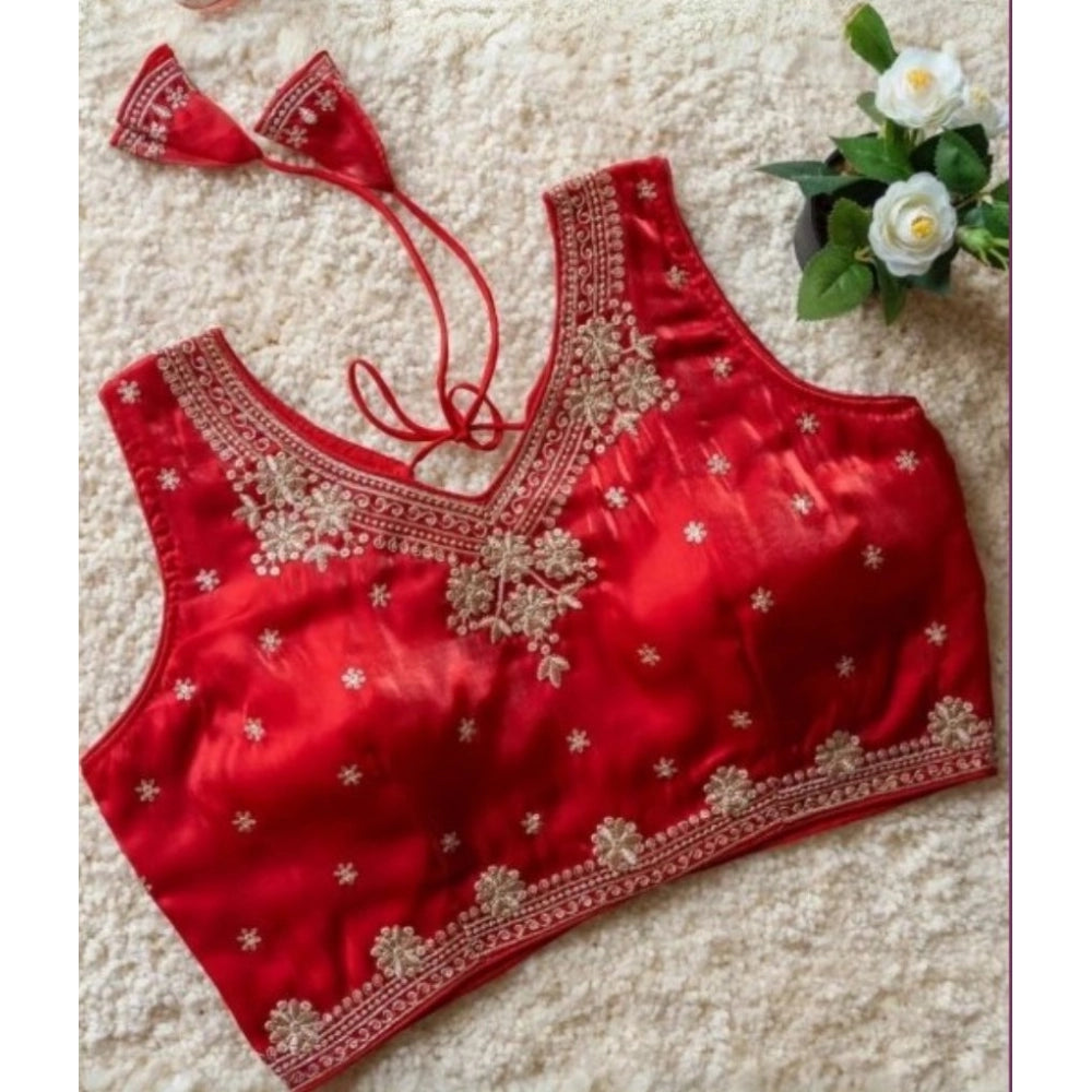 Women's Silk Embroidered V-Neck Sleeveless Readymade Padded Blouse — Red
