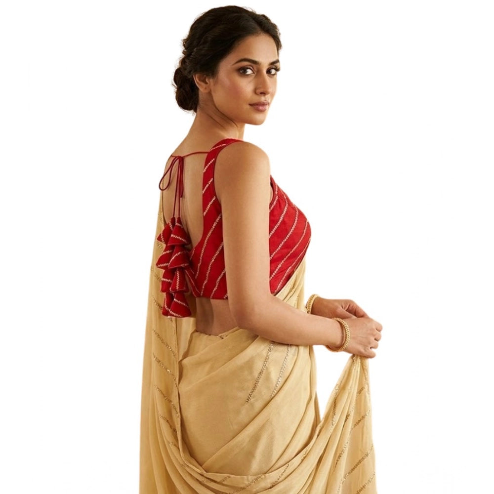 Women's Silk Embellished Sweetheart Neck Sleeveless Readymade Padded Blouse — Red