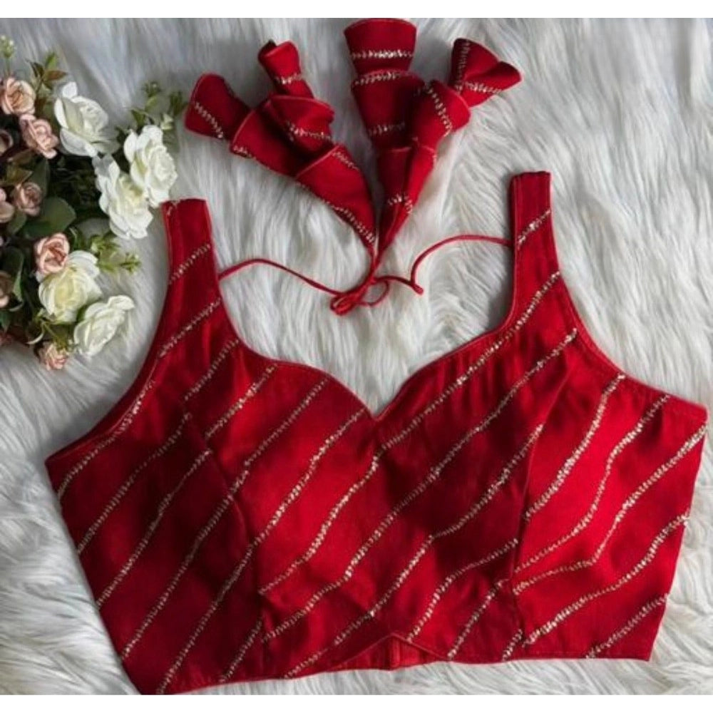 Women's Silk Embellished Sweetheart Neck Sleeveless Readymade Padded Blouse — Red