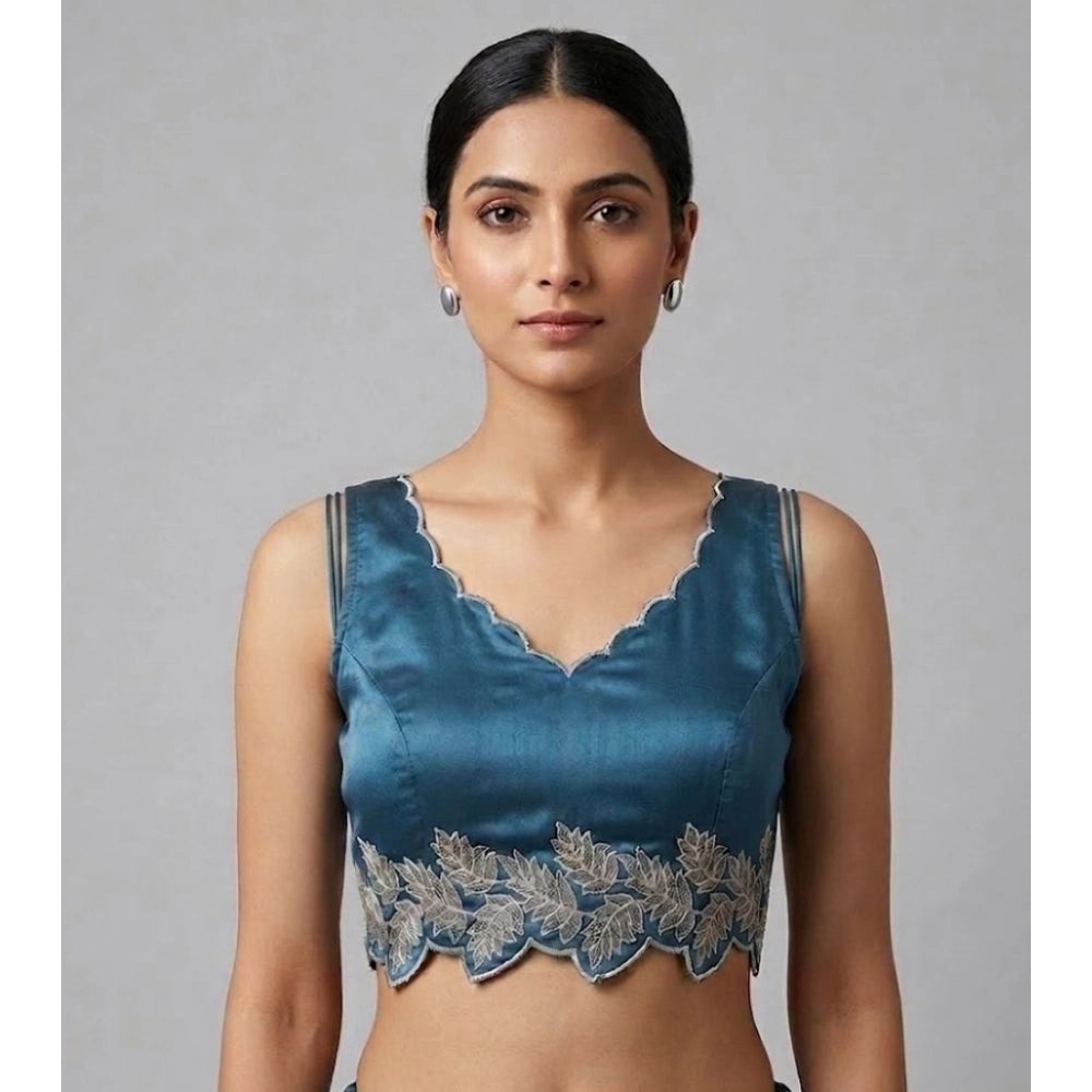 Women's Silk Embroidered Sweetheart Neck Sleeveless Readymade Padded Blouse — Blue
