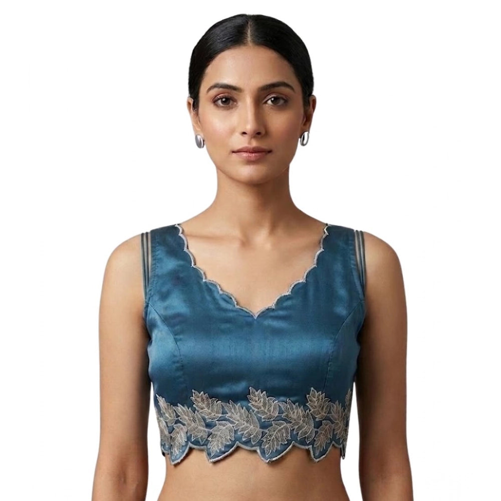 Women's Silk Embroidered Sweetheart Neck Sleeveless Readymade Padded Blouse — Blue