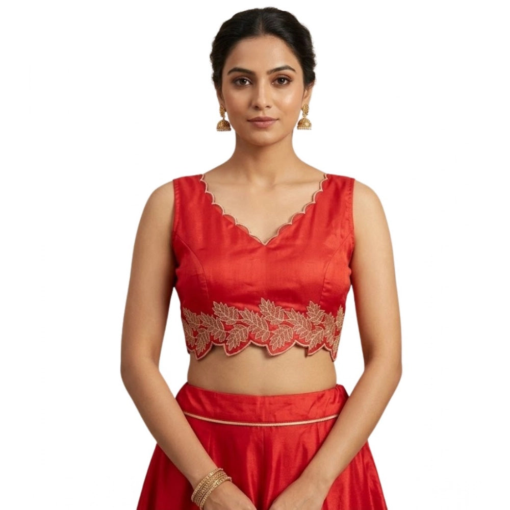 Women's Silk Embroidered Sweetheart Neck Sleeveless Readymade Padded Blouse — Red