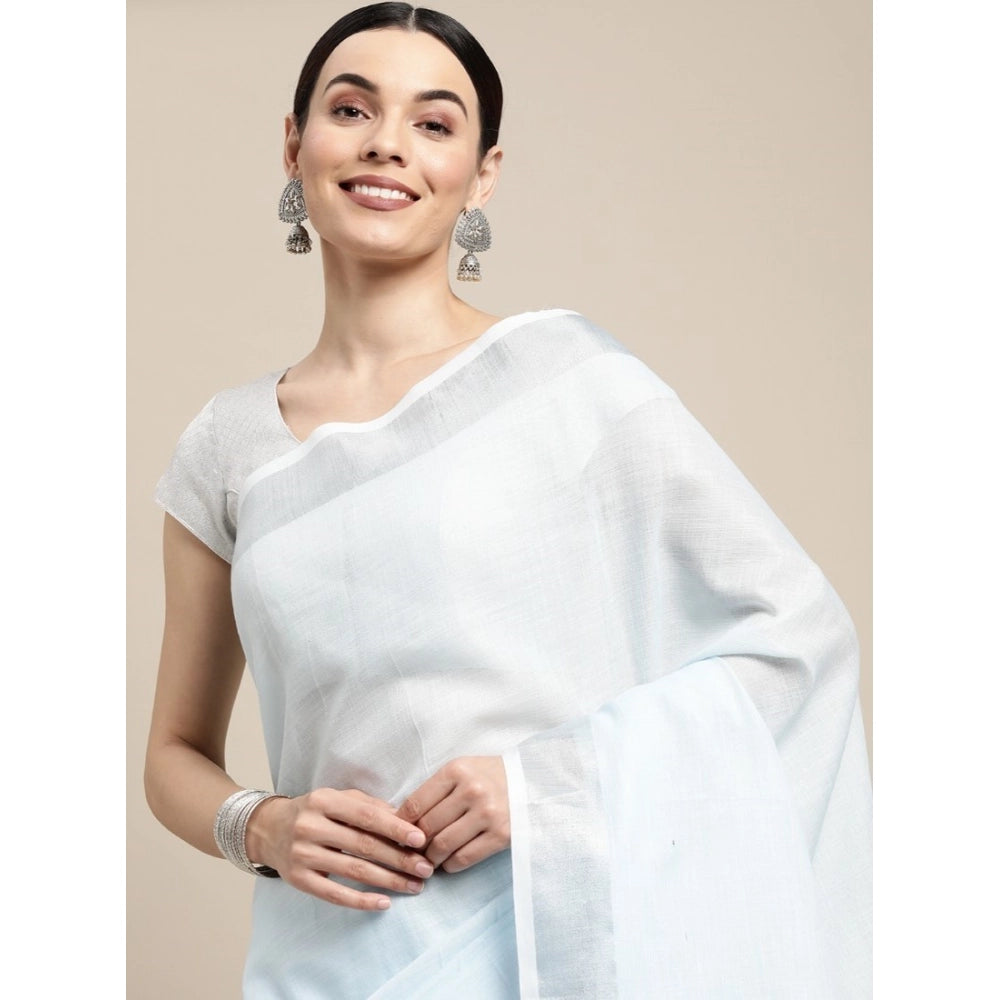 Women's Linen Cotton Striped Saree — Sky Blue