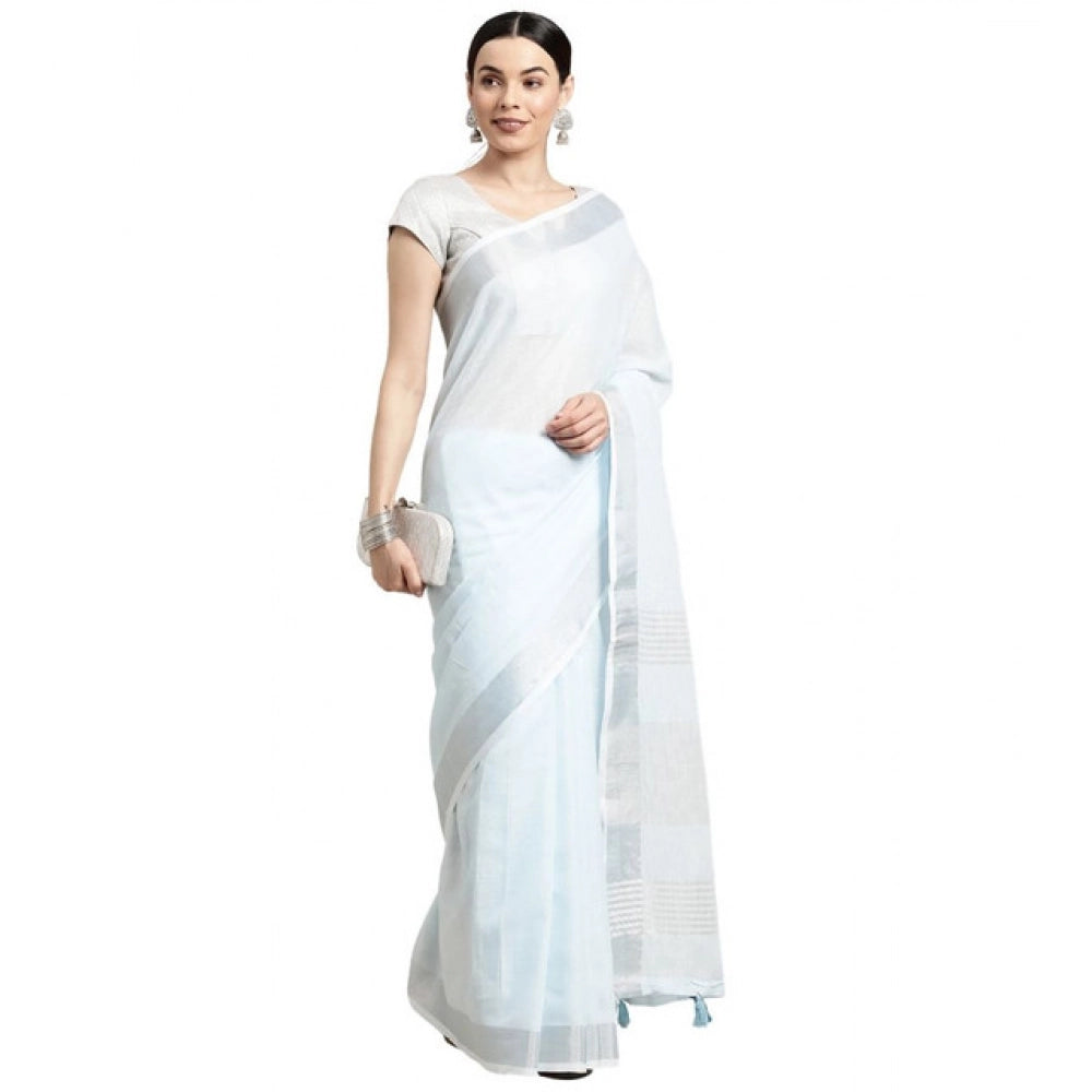 Women's Linen Cotton Striped Saree — Sky Blue