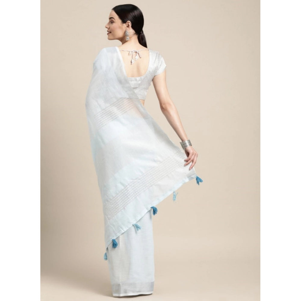 Women's Linen Cotton Striped Saree — Sky Blue