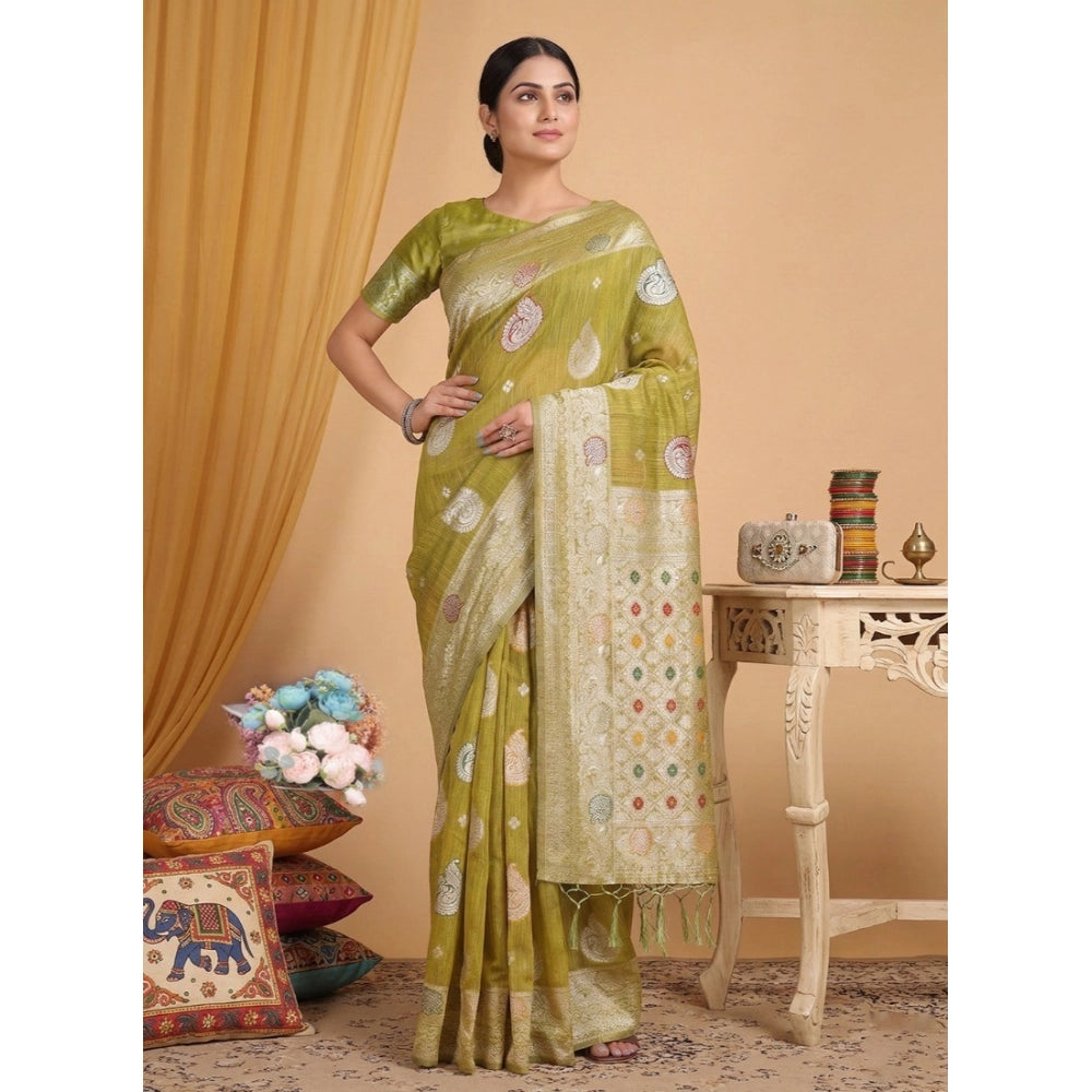 Women's Linen Cotton Printed Saree — Mustard