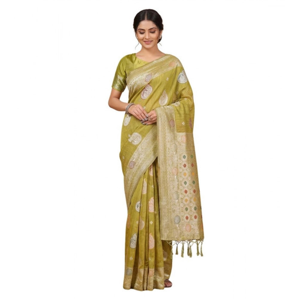 Women's Linen Cotton Printed Saree — Mustard