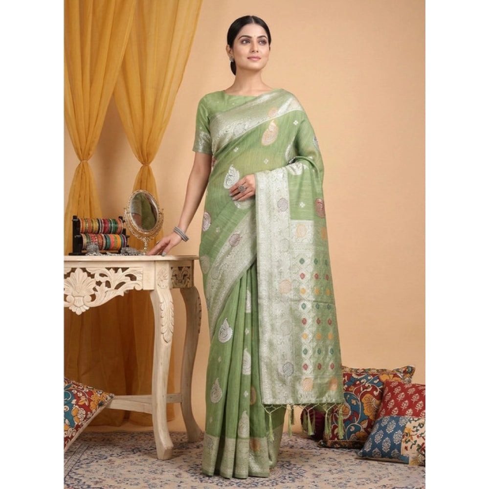 Women's Linen Cotton Printed Saree — Light Green · 2481