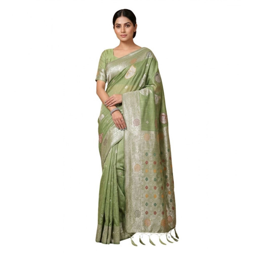 Women's Linen Cotton Printed Saree — Light Green · 2481