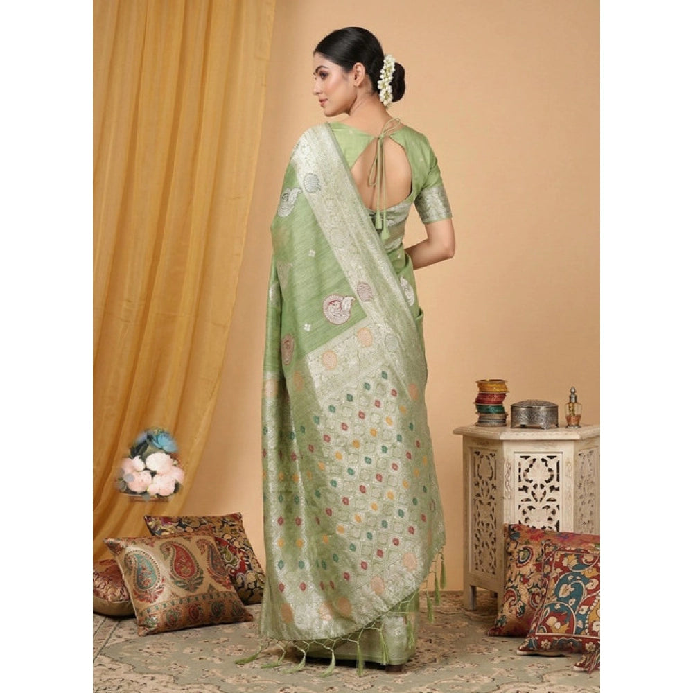 Women's Linen Cotton Printed Saree — Light Green · 2481
