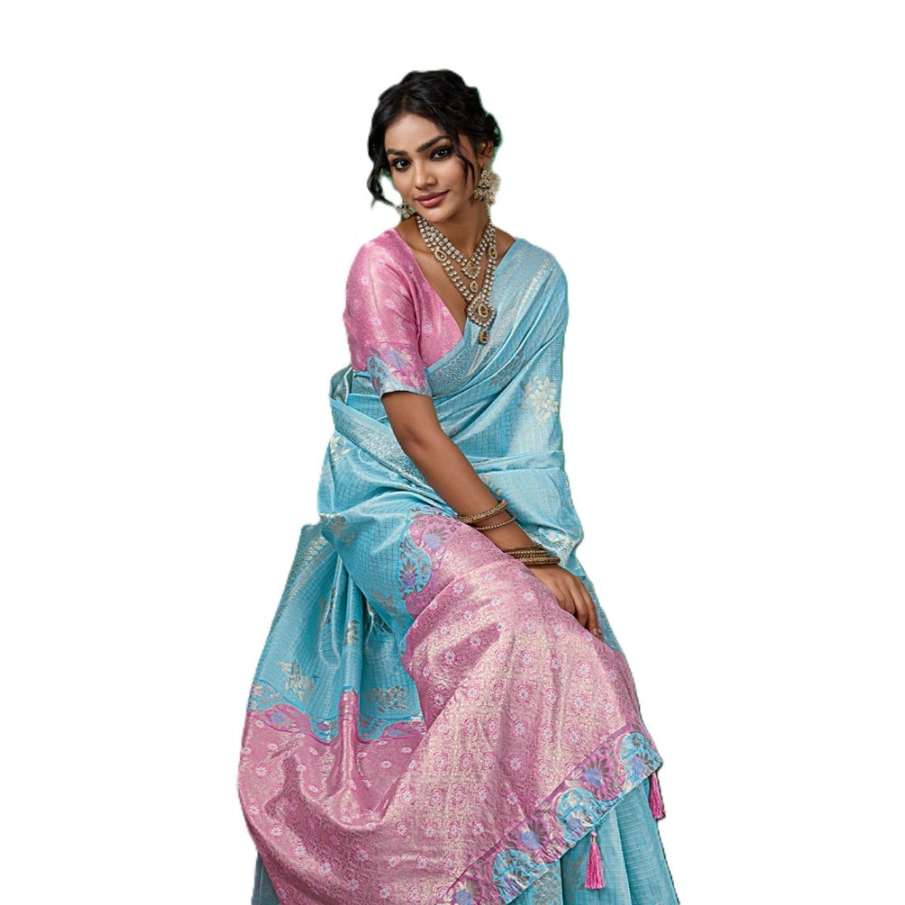 Women's Linen Cotton Printed Saree — Sky Blue · 2486
