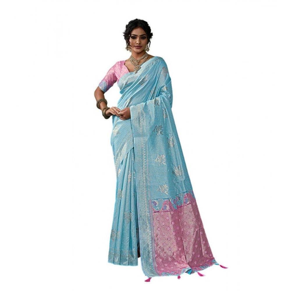 Women's Linen Cotton Printed Saree — Sky Blue · 2486