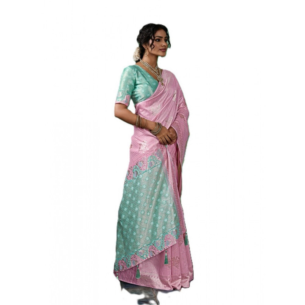 Women's Linen Cotton Printed Saree — Pastel Pink