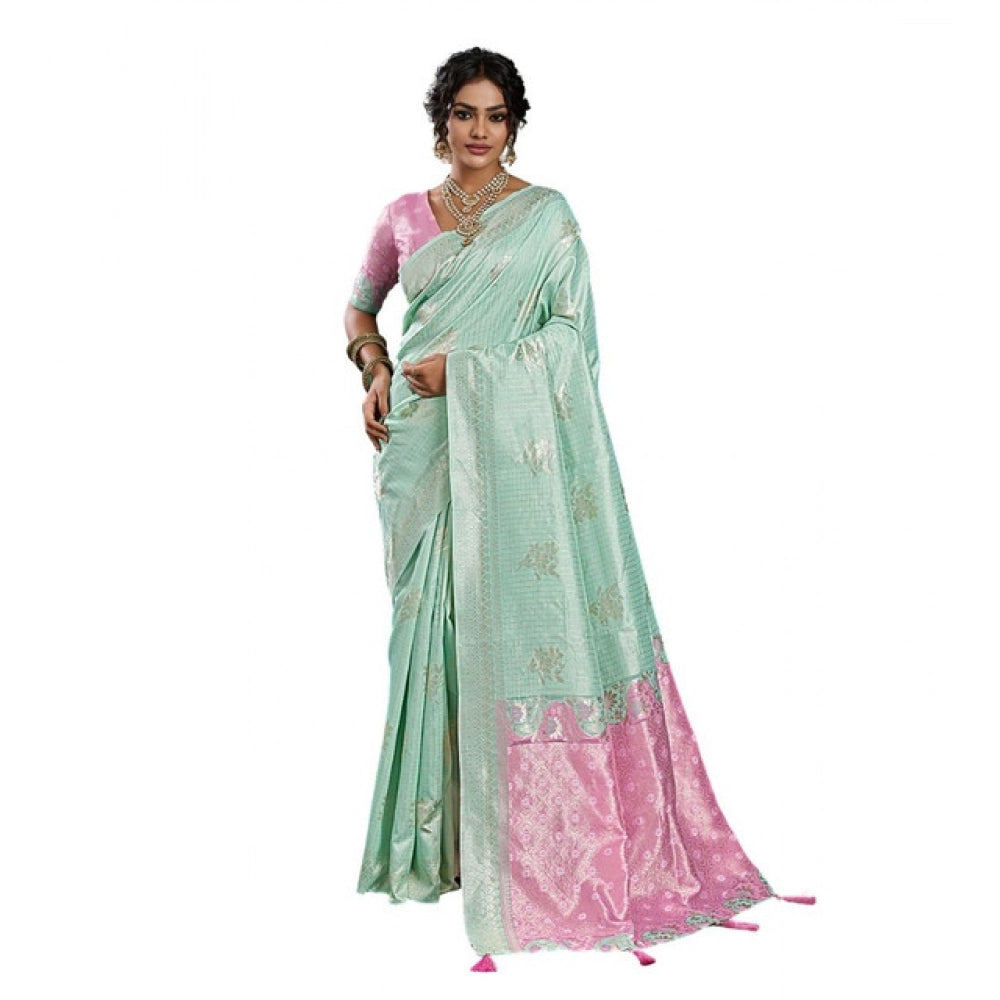 Women's Linen Cotton Printed Saree — Sea Green · 2489