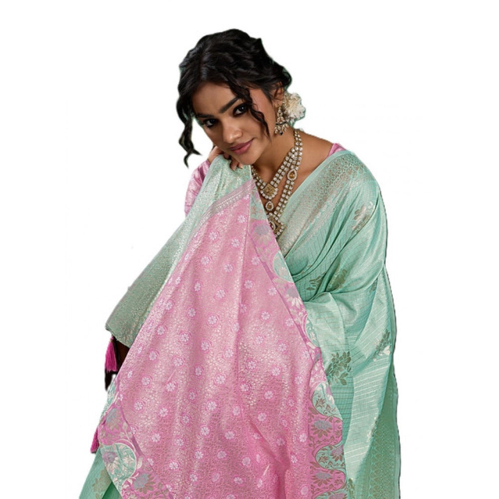Women's Linen Cotton Printed Saree — Sea Green · 2489