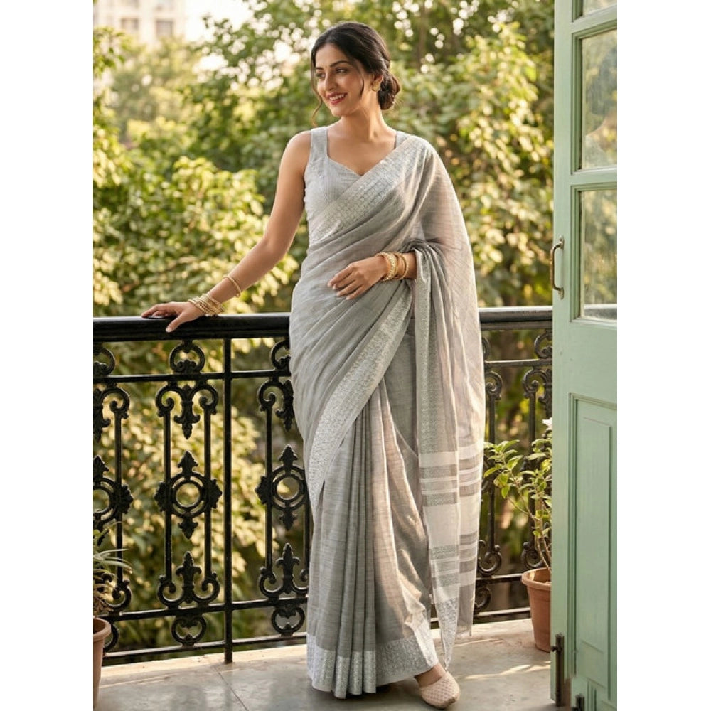 Women's Linen Striped Saree — Gray