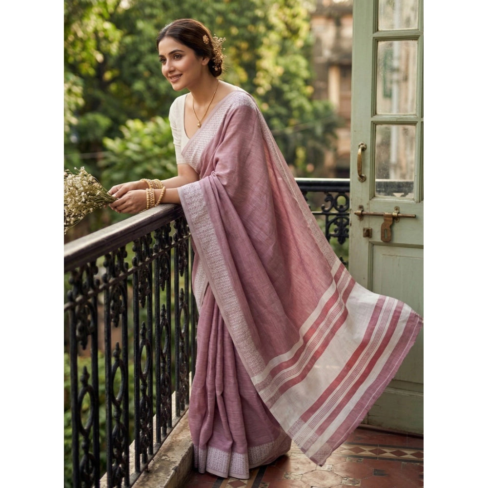 Women's Linen Striped Saree — Magenta
