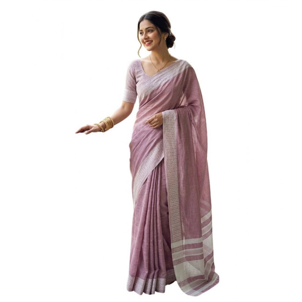 Women's Linen Striped Saree — Magenta