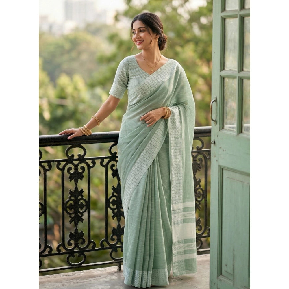 Women's Linen Striped Saree — Sea Green