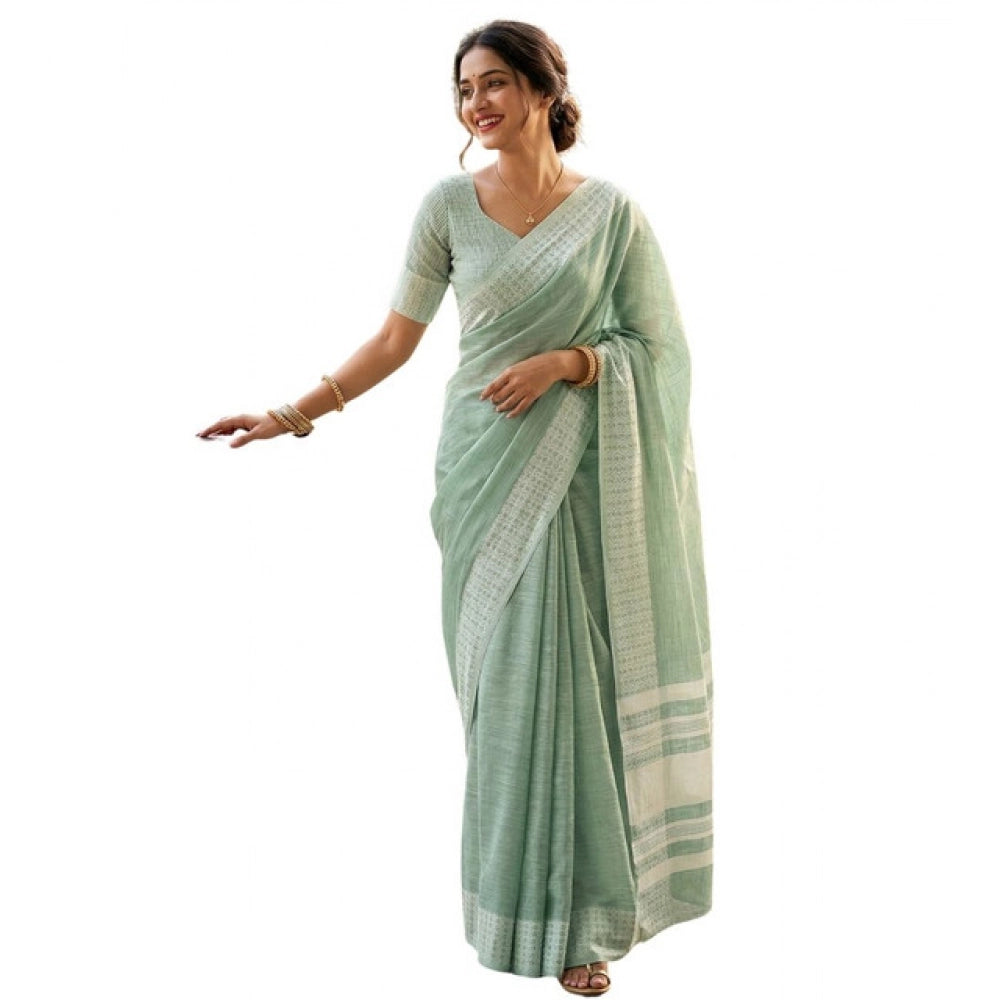 Women's Linen Striped Saree — Sea Green