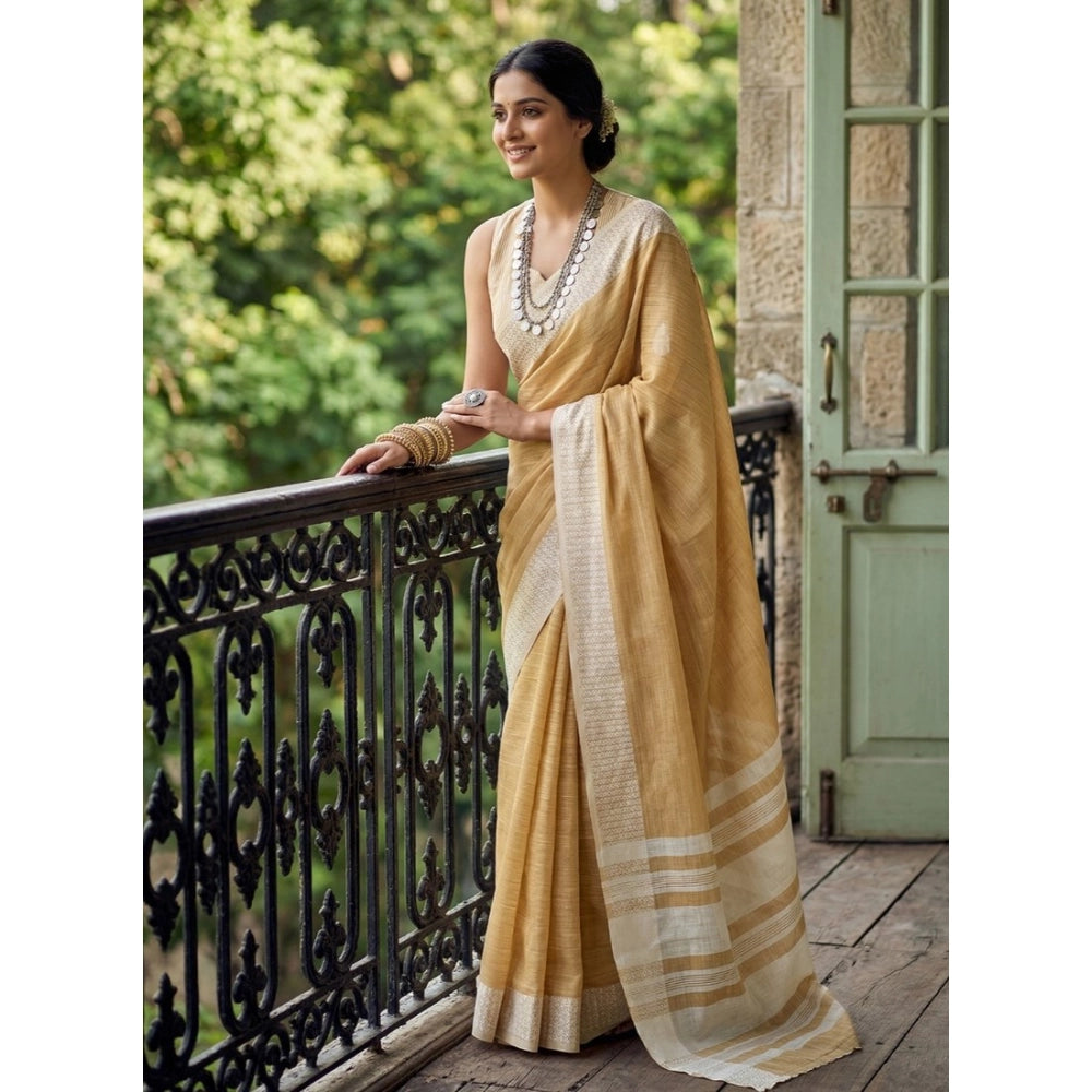 Women's Linen Striped Saree — Mustard Yellow
