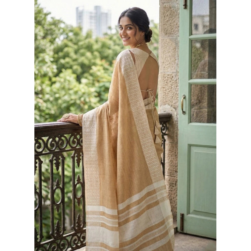 Women's Linen Striped Saree — Mustard Yellow