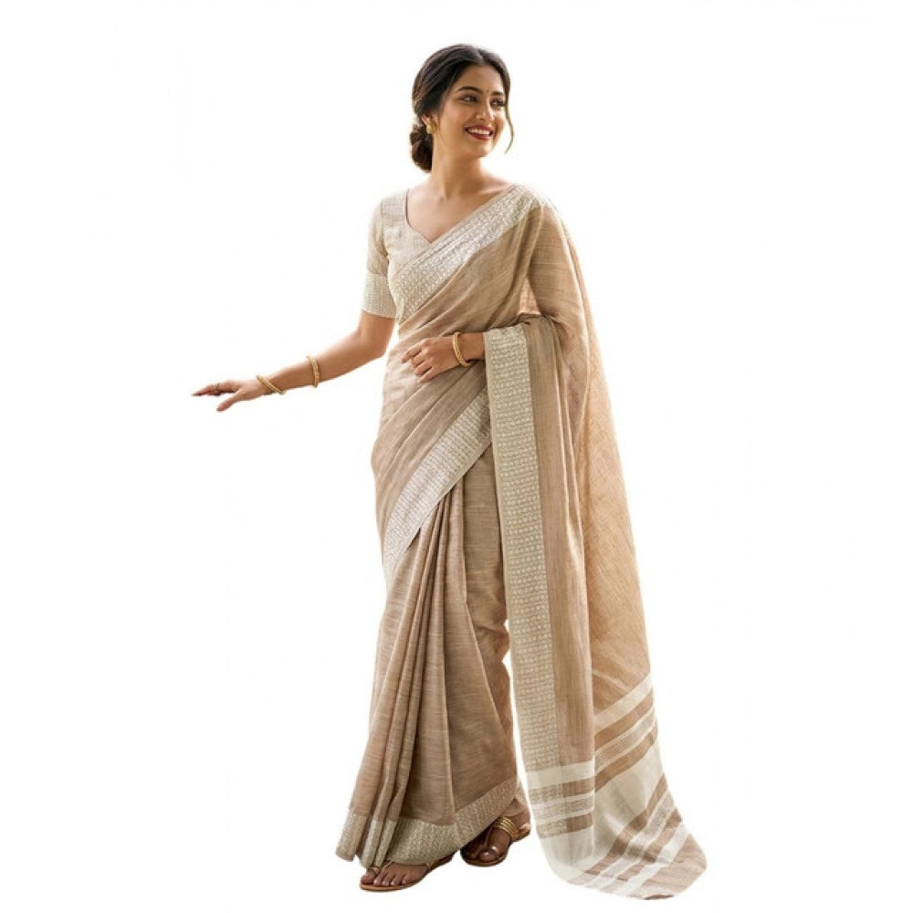Women's Linen Striped Saree — Lite Brown
