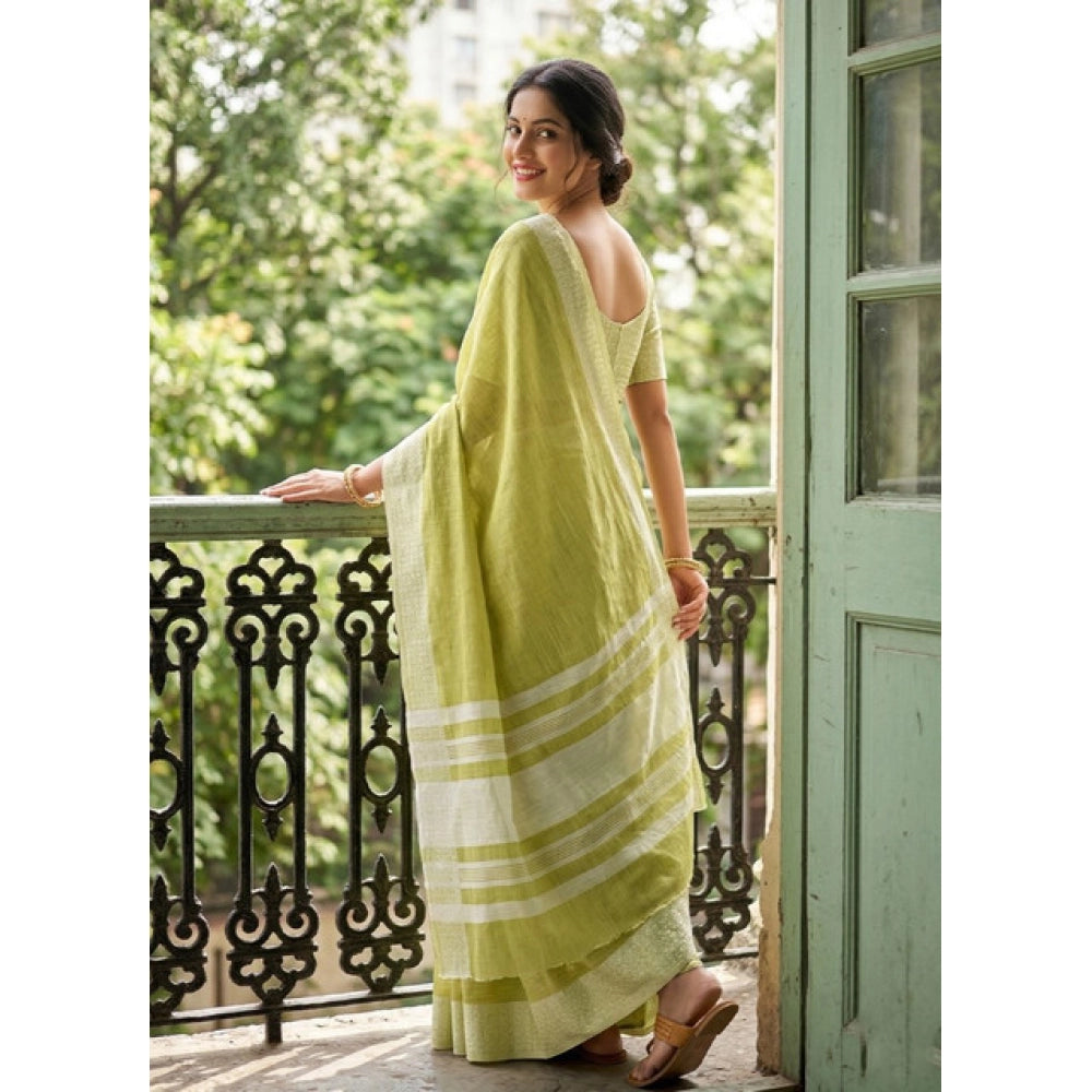 Women's Linen Striped Saree — Light Green