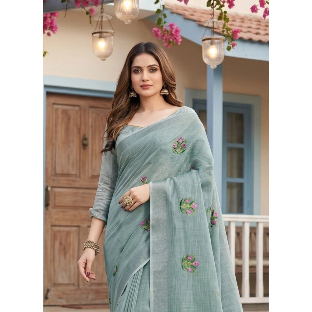 Women's Linen Embroidered Saree — Sea Green