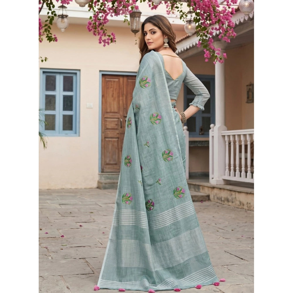 Women's Linen Embroidered Saree — Sea Green