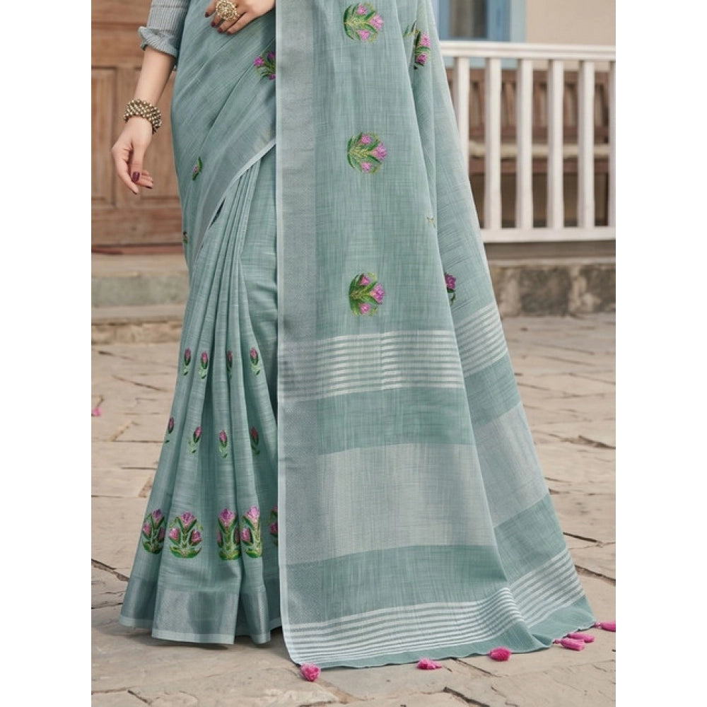 Women's Linen Embroidered Saree — Sea Green