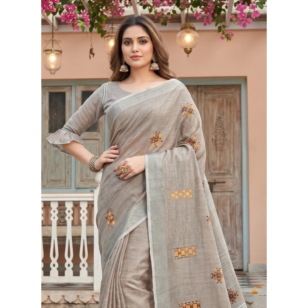 Women's Linen Embroidered Saree — Light Beige