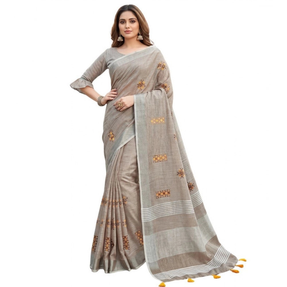 Women's Linen Embroidered Saree — Light Beige