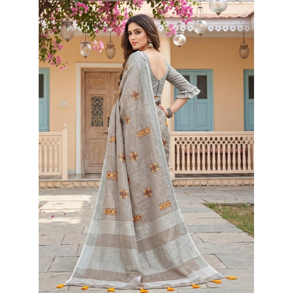 Women's Linen Embroidered Saree — Light Beige