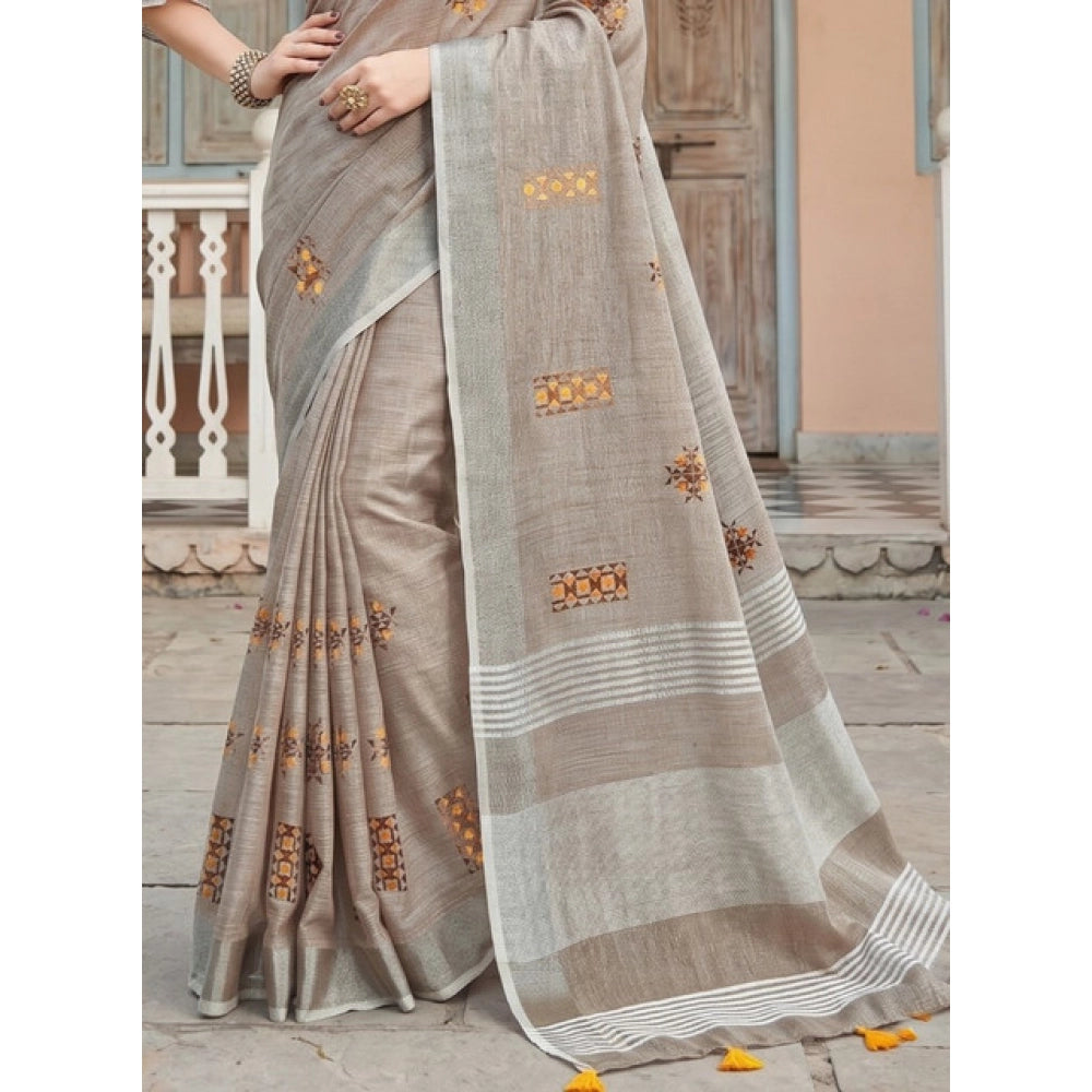 Women's Linen Embroidered Saree — Light Beige