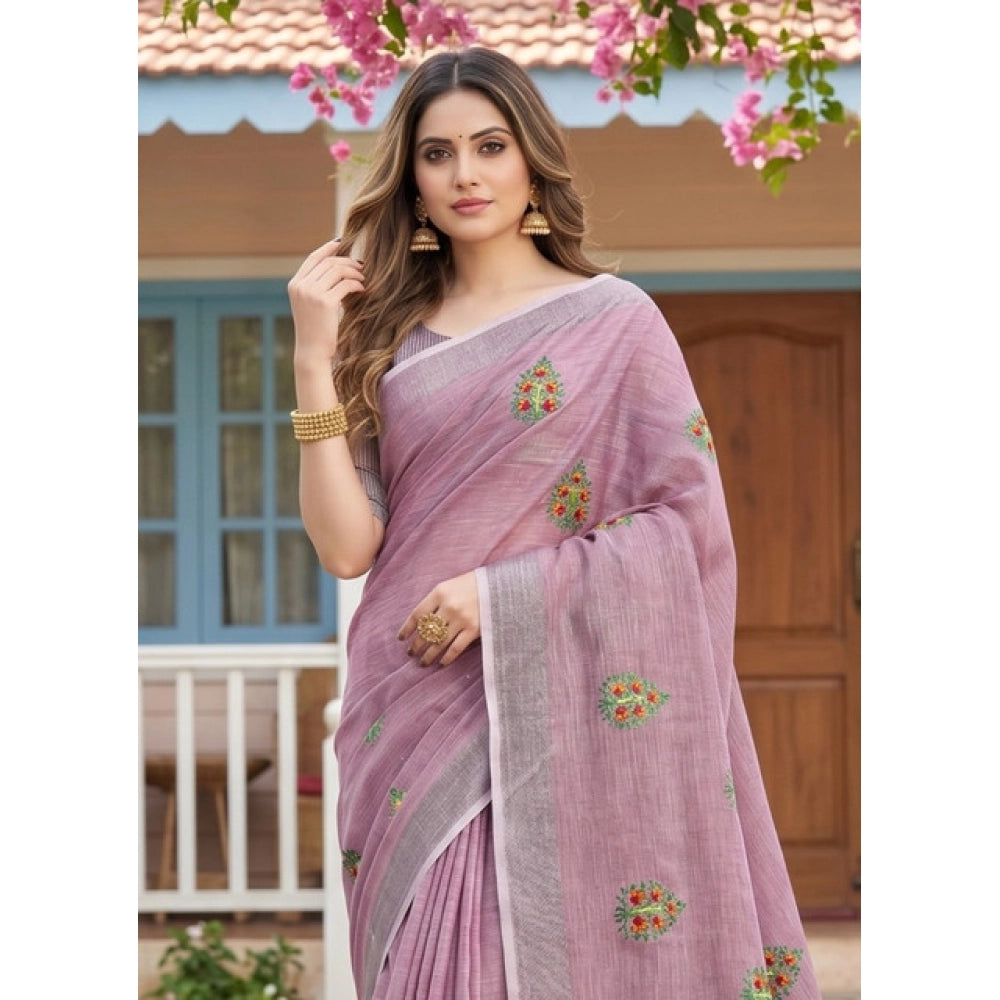 Women's Linen Embroidered Saree — Light Purple