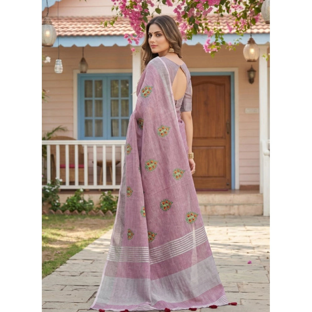 Women's Linen Embroidered Saree — Light Purple